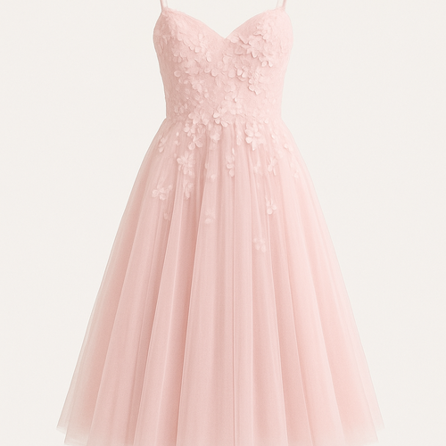 “A pastel pink romantic dress with layered tulle, floral 3D appliqués, a sweetheart neckline, and a flowing A-line silhouette. Soft, dreamy, feminine, and airy.”