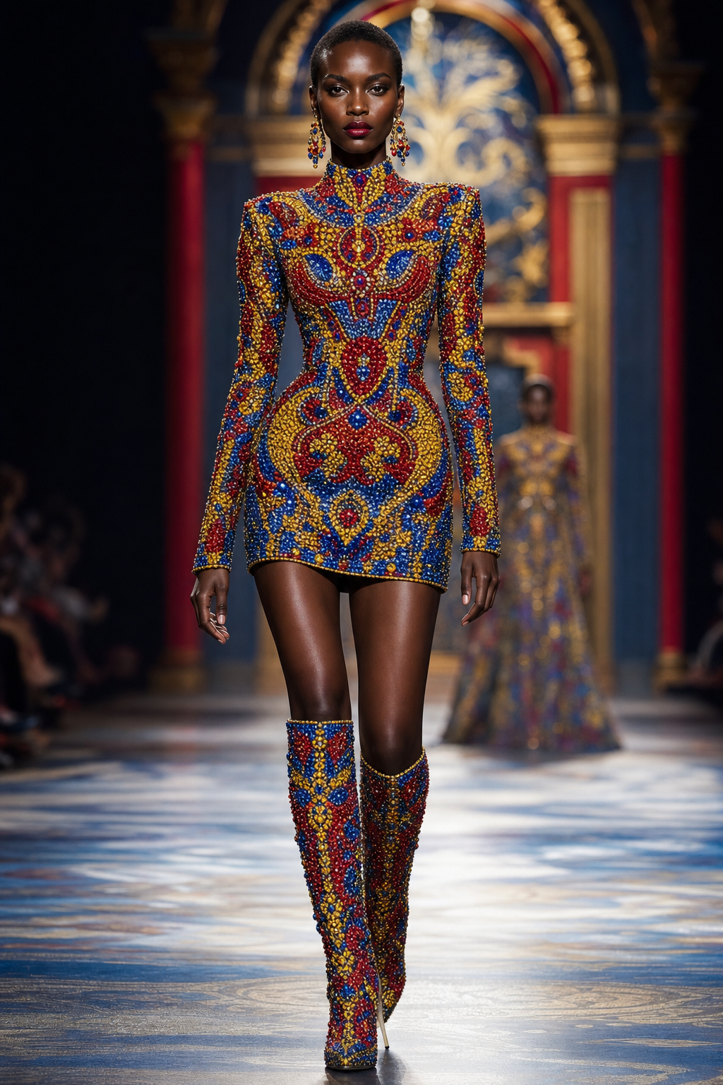Short Tight beaded dress with long sleeves with red and yellow and blue beads all over dress. knee high boots with with high heel with red and yellow and blue beads on boot. Red and yellow and blue beads all over boot
Haute Couture fashion design: **Look 1: Beaded Opulence**
* **Silhouette:** Fitted mini dress with long sleeves. Knee-high, high-heeled boots.
* **Fabric:** Cotton heavily embellished.
* **Pattern:** Dense, all-over beadwork.
* **Colors:** Red, yellow, and blue beads create a vibrant, shimmering surface on both dress and boots.
* **Fit:** Sculpted and precise, emphasizing the form.