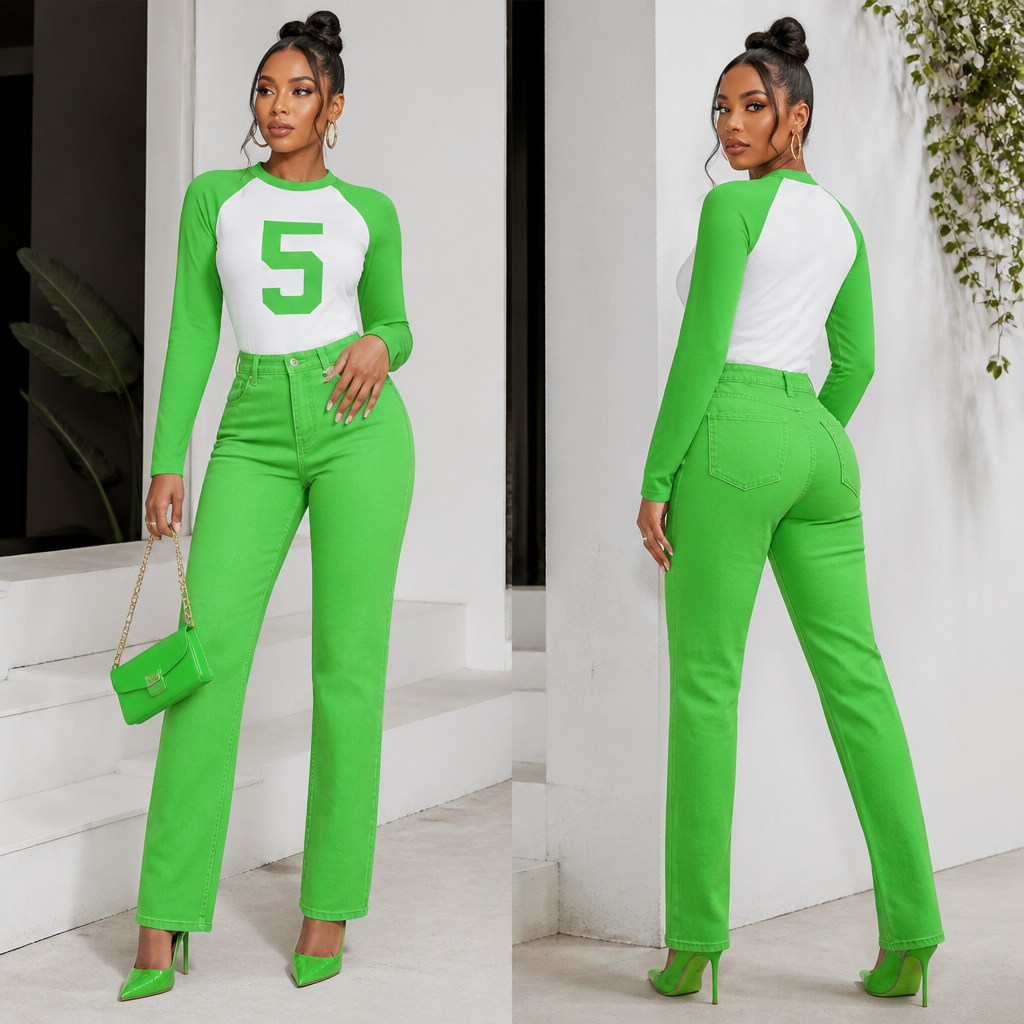 Bright green Jean with bright green high heel. White t shirt with bright green long sleeves with number 5 written on t shirt.
Bright green Jean with bright green high heel. White t shirt with bright green long sleeves with number 5 written on t shirt.
