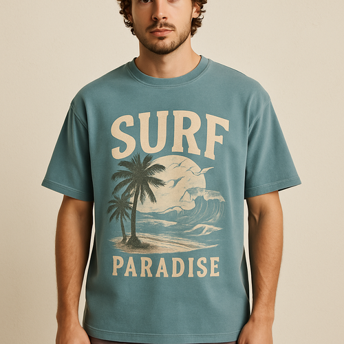 Create a collection of streetwear-inspired graphics and logos for t-shirts and hoodies, featuring oversized typography, minimalist, surf type vibes, palm trees, seagulls, waves, and abstract beach elements. Use a relaxed, youthful, urban style with muted pastels, washed denim blues, and earthy tones. Designs should look modern, trendy, and wearable, suitable for printing on apparel. High detail, vector-style clarity, bold yet casual aesthetic.