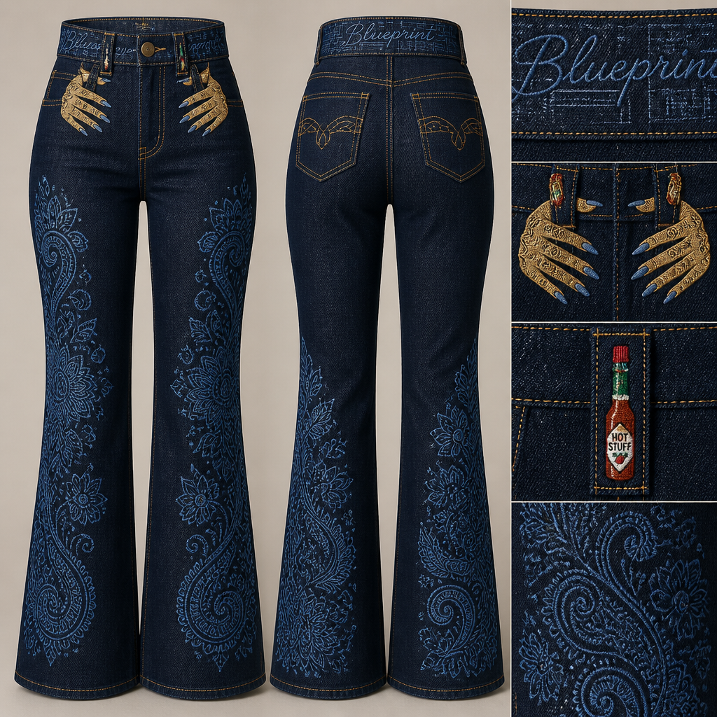 High-waisted bootcut jeans with gold stitching, blueprint embroidery in large cursive font spanning the entire belt band area, including gold embroidered women's manicured hands with long nails through front belt loops, add blue henna to pants legs and add embroidered hot sauce bottle hanging from 1 belt loop
High-waisted, bootcut denim jeans with gold stitching. Large cursive blueprint embroidery on the entire belt band. Gold embroidered manicured hands through front belt loops. Blue henna pattern on pant legs. Embroidered hot sauce bottle on one belt loop.