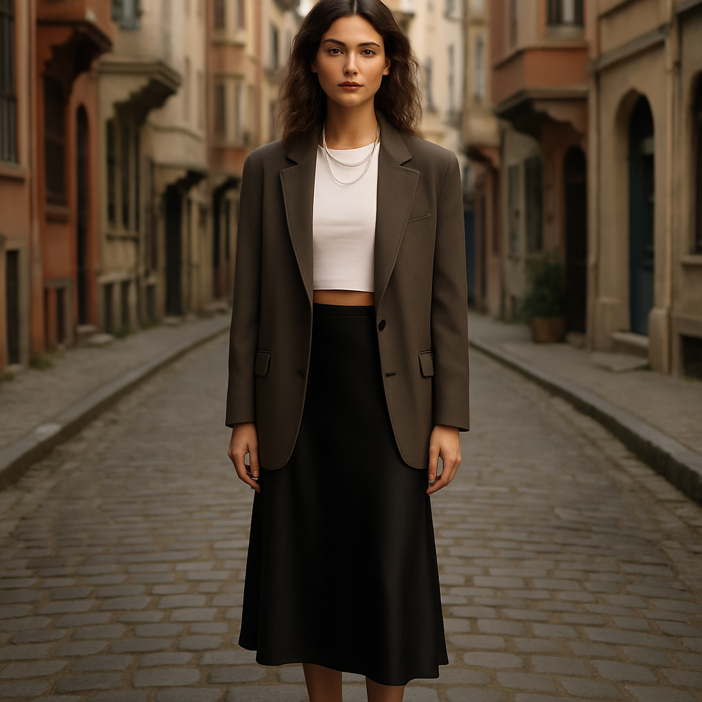 Ultra realistic full-body fashion photo of a natural female model in Istanbul retro district, daylight with soft cinematic lighting. She wears a silky satin midi skirt in black (plain cut, no slit, no pockets, no extra seams), paired with a slim fit white crop T-shirt (crew neck, cotton jersey, high quality) and an oversized tailored blazer. Around her neck she has multiple silver necklaces layered for a statement look. On her feet black ballet flats. Hair styled in a messy bun with wavy strands falling naturally, casual yet chic. She looks cool but casual, elegant and authentic. The photo should capture head-to-toe, do not crop, with realistic fabric textures (satin fluid and soft, cotton crisp, blazer structured). Retro city street background in Istanbul, bright natural daylight, professional fashion photography.
never use pockets 
Casual fashion design: Ultra realistic full-body fashion photo of a natural female model in Istanbul retro district, daylight with soft cinematic lighting. She wears a silky black midi skirt (plain cut) and a slim white cotton crop T-shirt (crew neck). An oversized tailored blazer adds a casual layer. Layered silver necklaces and black ballet flats complete the look. (No pockets).