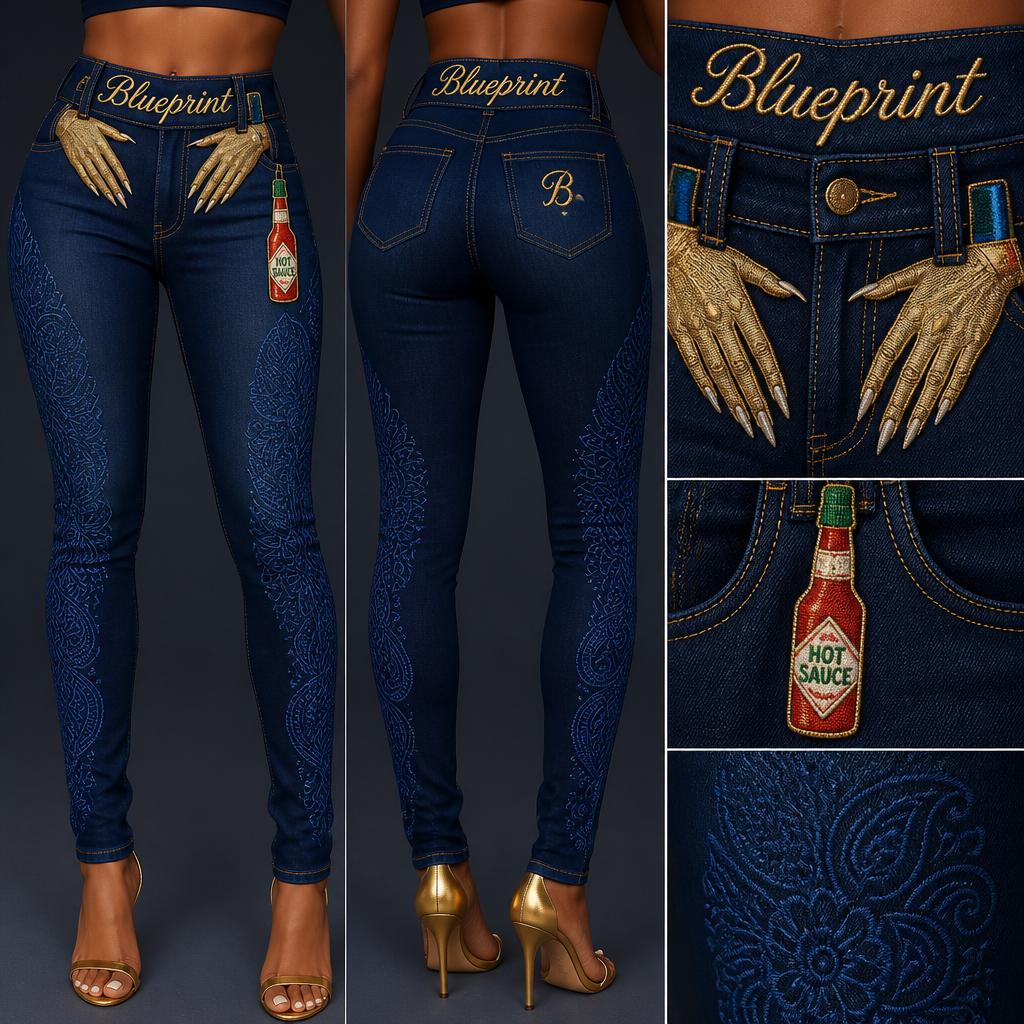 High-waisted skinny jeans with gold stitching, blueprint embroidery in large cursive font spanning the entire belt band area, including gold embroidered women's manicured hands with long nails through front belt loops, add blue henna to pants legs and add embroidered hot sauce bottle hanging from 1 belt loop
High-waisted skinny jeans, stretch denim, gold stitching. Slim-fit silhouette. Blueprint embroidery in large cursive font on belt. Gold embroidered hands with long nails through front belt loops. Blue henna pattern on pant legs. Embroidered hot sauce bottle on belt loop.