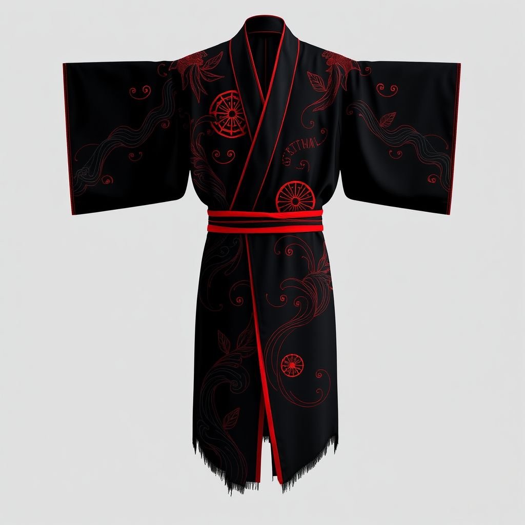 Design a men's kimono with a futuristic aesthetic, blending minimalist and nature-inspired elements. The kimono should feature intricate, flowing patterns that resemble water, with delicate embroidery reflecting plants and natural forms. Incorporate deep blues and subtle greens, along with silver accents, to represent moonlight. The silhouette should be modern yet traditional, with smooth, organic curves that evoke an ethereal, almost otherworldly quality. Only black and red. Shaman

A men's kimono adorned in deep black and striking red. A minimalist design, flowing patterns evoke the movement of water, while intricate embroidery portrays shamanic symbols and nature-inspired motifs. Sharp contrasts create a dramatic effect. Structured yet organic silhouette, edges slightly frayed, an invitation to explore ancient spirituality through contemporary fashion.