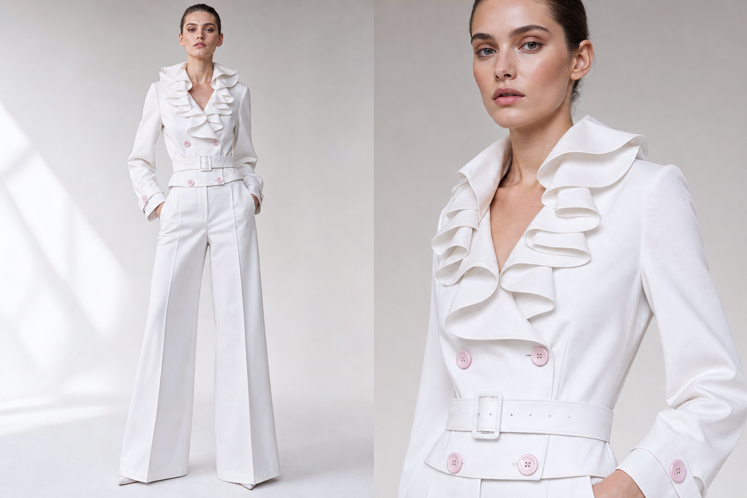 White pants long. White jacket like a short trench coat with light pink buttons with five ruffles at top on the collar.
Haute Couture fashion design: White cotton wide-leg trousers, tailored fit. Matching white silk short trench coat with a structured silhouette, featuring light pink buttons and five precise ruffles framing the neckline.
