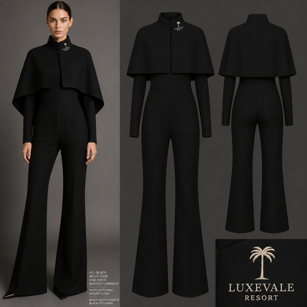All-black warm long-sleeve cape, same length front and back all around one piece bootcut wool jumpsuit with cookies resort logo with ivory stitching, then add black pockets. make sure pockets have black stitching only
All-black warm wool cape, long-sleeve, one-piece bootcut jumpsuit. Ivory stitching resort logo. Black patch pockets with black stitching.
