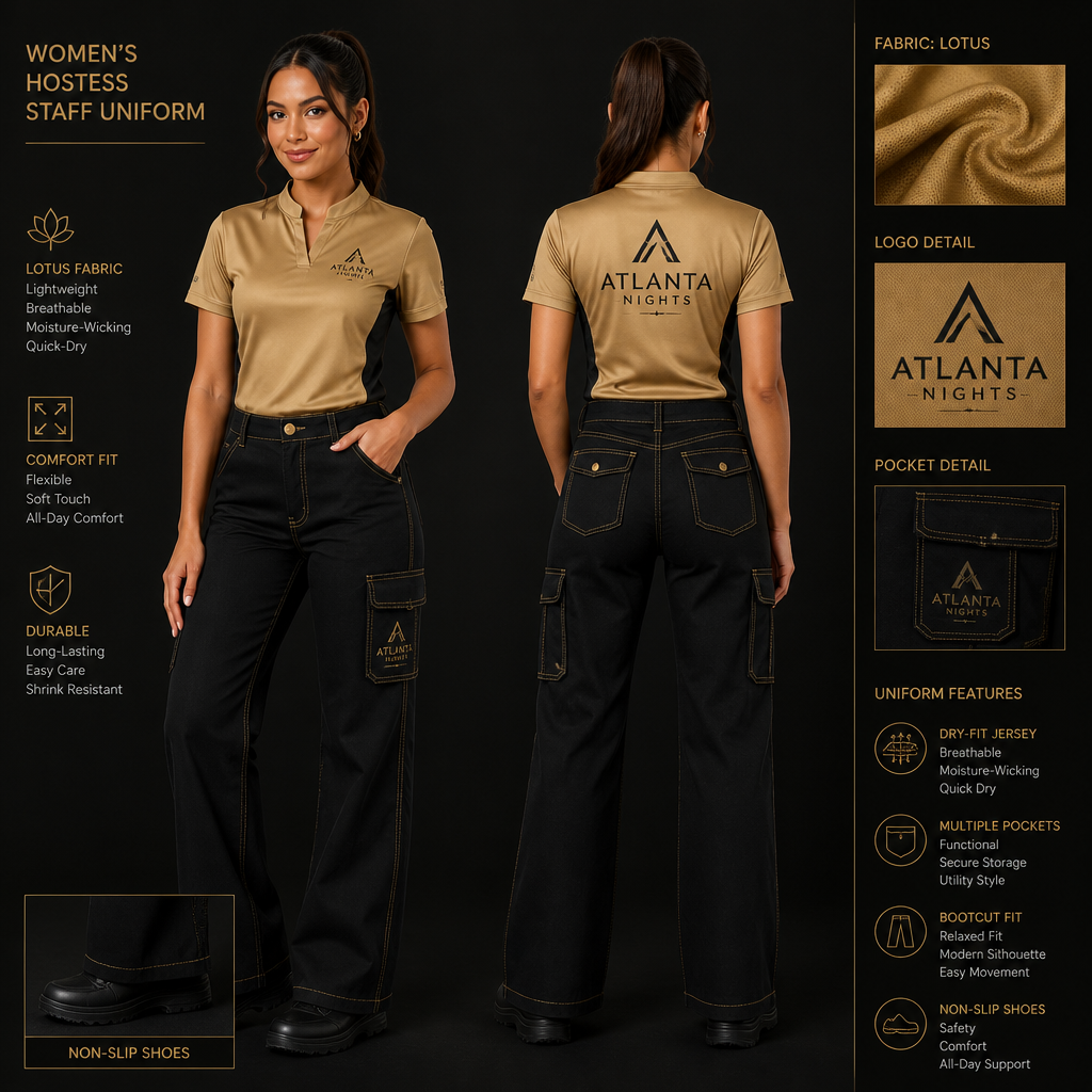 womens hostess staff uniform with gold dry fit jersey with ATLANTA NIGHTS business logo with black cargo bootcut fit denim with multiple pockets and relaxed and gold stitching, streetwear inspired and black non-slip shoes.The uniform is made of lotus fabric. Remove lotus flower from the uniform
Women's hostess staff uniform: Gold dry-fit jersey with ATLANTA NIGHTS logo. Black cargo bootcut denim with multiple pockets and gold stitching, relaxed fit. Black non-slip shoes. Fabric: Lotus fabric.