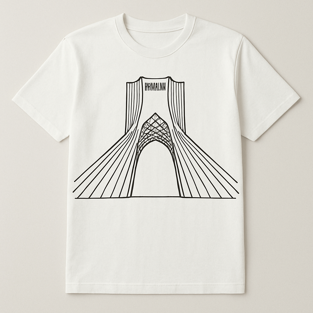 t-shirt with the Tehran Azadi Tower design on it
Casual fashion design: **Relaxed fit white cotton t-shirt with a black line-art illustration of the Tehran Azadi Tower. Short sleeves, crew neck.**