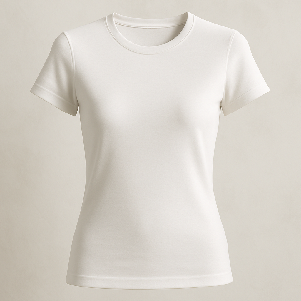 A premium women’s basic white colour crew neck t-shirt, crop slim fit, made of first-class high-quality cotton fabric with a soft luxurious texture, short sleeves, minimal and elegant design. Ghost mannequin hollow man style photography, the t-shirt looks 3D as if worn by an invisible model, perfectly shaped and realistic fit. Photographed in natural daylight, clean background, ultra-detailed premium cotton fabric texture, hyperrealistic stitches, 3D/4D depth of field close-up, fashion e-commerce product photography aesthetic.
Classic fashion design: A women's white cotton crew neck t-shirt. Slim fit, short sleeves, elegant design. Classic, refined, quality.