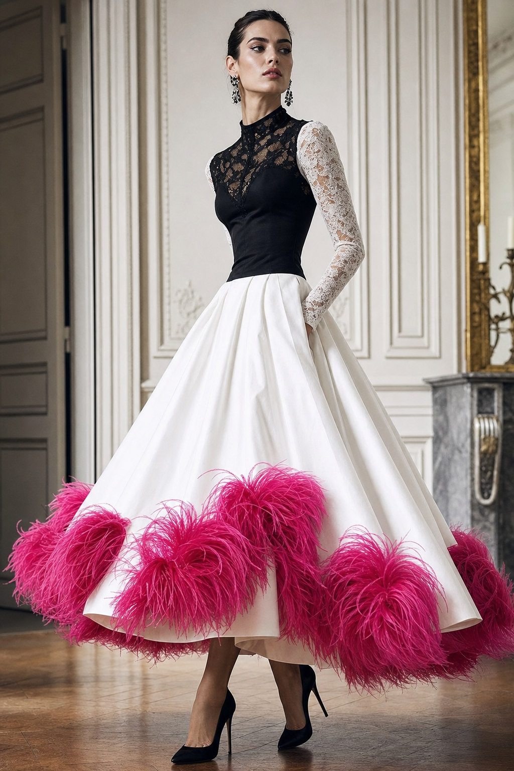 White lace skirt with top in black lace with long white lace sleeves. Hot pink feathers on bottom of skirt. Black high heel shoe
Haute Couture fashion design: **Prompt:** White cotton skirt with a full, structured silhouette, detailed with large hot pink feathers along the hem. Black silk fitted top with delicate lace overlay and elongated white lace sleeves. Perfectly tailored, with a dramatic, flowing line. Black high heels.