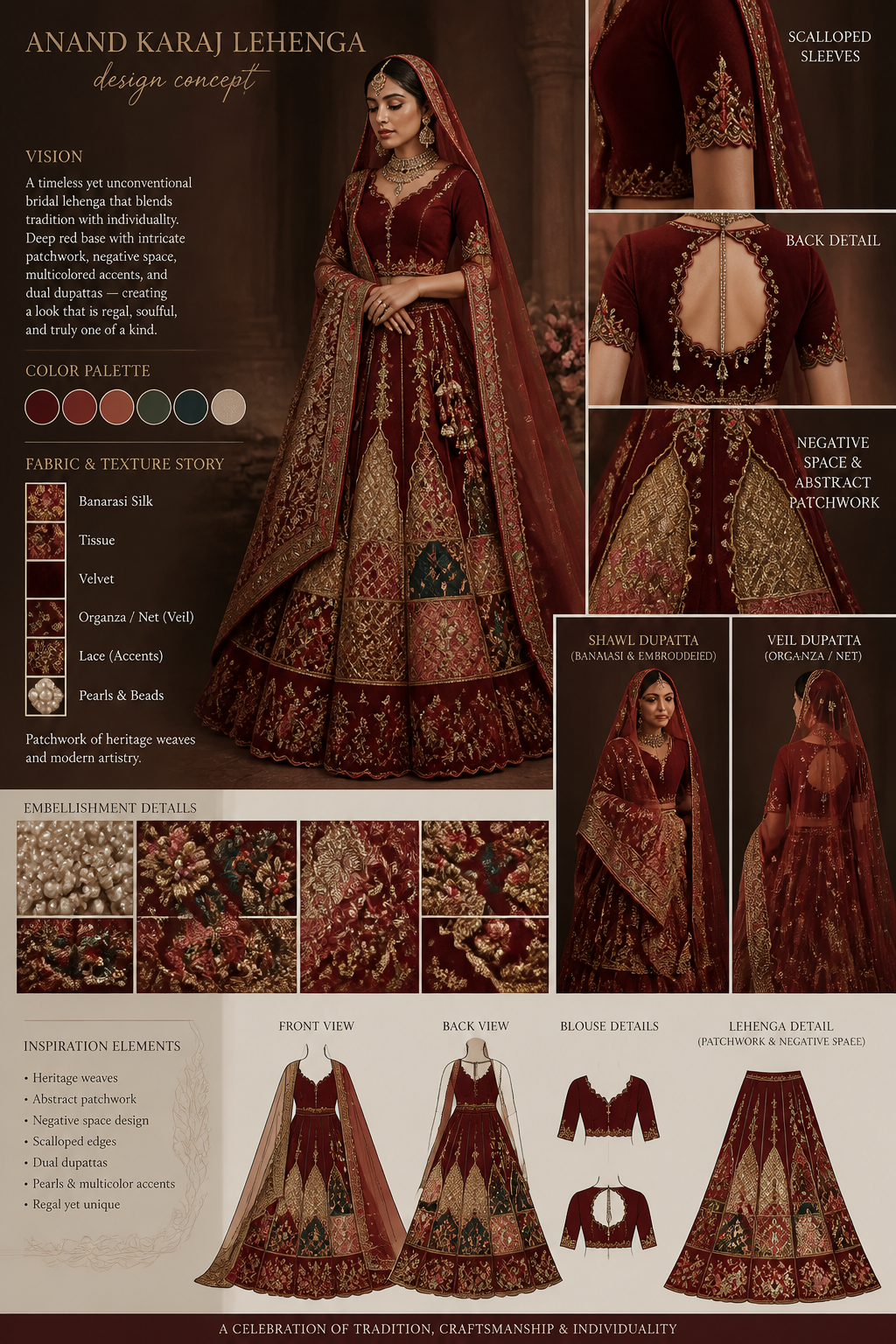 I am working on designing my wedding lengha for my Anand Karaj. I want something unique that no one else has. I need your help designing as I like different elements from different types of outfits. I like when the lengha bottom has negative space . I want my lengha to be dark red with accents of colour, I like patch work (tissue, lace, banarsi, etc), abstract work, and I want two dupattas (one as a shawl, and one as a veil). Here are some designers I like: Navneett & Arpan, White Lily by Navneet Sidhu, Akriti Ritika, House of Agaaz, Hanut Paul, House of Shahan India, Marwar Couture, and Asiana Couture. I want sleeves above my elbows and I want them scalloped. I want my shawl to also be banarsi with embroidery. Here is a bunch of inspo pictures. I don’t want dull gold embroidery. I like pearls too, but I’m not sure if it will look good. I want to create a traditional, yet unique outfit that no one else has. If there’s any other information you need from me, let me know. I need help visualizing what I like.
I am working on designing my wedding lengha for my Anand Karaj. I want something unique that no one else has. I need your help designing as I like different elements from different types of outfits. I like when the lengha bottom has negative space . I want my lengha to be dark red with accents of colour, I like patch work (tissue, lace, banarsi, etc), abstract work, and I want two dupattas (one as a shawl, and one as a veil). Here are some designers I like: Navneett & Arpan, White Lily by Navneet Sidhu, Akriti Ritika, House of Agaaz, Hanut Paul, House of Shahan India, Marwar Couture, and Asiana Couture. I want sleeves above my elbows and I want them scalloped. I want my shawl to also be banarsi with embroidery. Here is a bunch of inspo pictures. I don’t want dull gold embroidery. I like pearls too, but I’m not sure if it will look good. I want to create a traditional, yet unique outfit that no one else has. If there’s any other information you need from me, let me know. I need help visualizing what I like., ethnic style