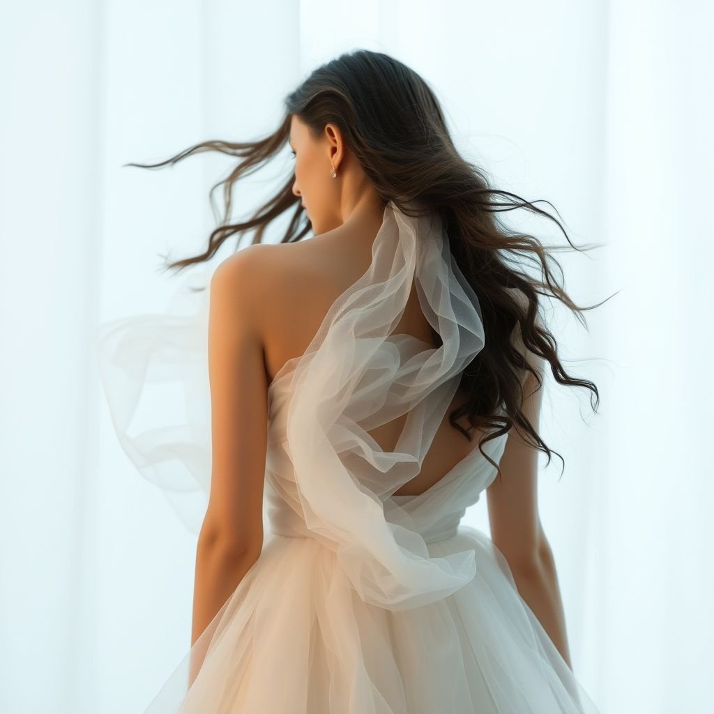 Organza & Tulle for the cloud-like upper bodice.  only texture without tailored silver and white


Ethereal layers of soft organza, billowing gently with every movement, paired with delicate tulle cascading like mist. An opalescent sheen enhances the dreamy quality, while unstructured, draped silhouettes evoke a whimsical aura. Featherlight wisps gently envelop the figure, creating an enchanting interplay of transparency and softness, reminiscent of enchanted clouds.