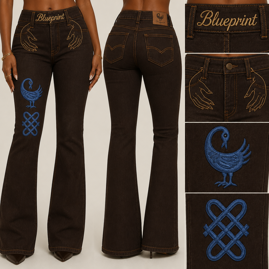 high waisted Chocolate brown bootcut jeans with gold stitching, blueprint embroidery in large cursive font spanning the entire belt band area, including embroidered women's manicured hands with long nails through front belt loops, add blue sankofa and bese saka symbols only to pants legs
High-waisted chocolate brown denim bootcut jeans with gold stitching, blueprint embroidery in large cursive font on belt, embroidered women's hands through front belt loops, and blue Sankofa and Bese Saka symbols on pant legs.