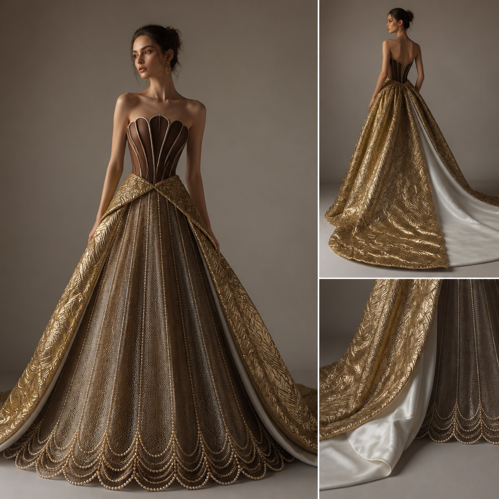 Ball gown with pipped chocolate brown oyster bodice with a gold avant-garde train that has a pure white inner lining like the necre inside a clam. The slip under the dress should be of metallic netting with lines of pearls gracing the bottom of the netting.
Ball gown, A-line silhouette, piped chocolate brown oyster bodice, gold avant-garde train with pure white inner lining. Metallic netting slip with pearl lines at the hem.