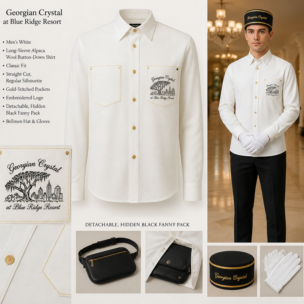 White long-sleeve alpaca wool button-down. Make sure pockets have gold stitching. Include an attachable, hidden black sleek fanny pack to hold pens, a small pen pad, front office cordless phone, and front office keys. The front pocket logo should have the business name "Georgian Crystal at Blue Ridge Resort" embroidered with black stitching only in cursive font. Include an ivory-embroidered Southern Live Oak Tree with Spanish Moss and Peach Trees with fallen peaches influenced by the Atlanta skyline within front pocket logo. Please create a design for men only. Logo should be located on the front of button down. include logoed bellmen hat and gloves for bellmen
Men's white long-sleeve alpaca wool button-down shirt, classic fit. Straight cut, regular silhouette. Gold-stitched pockets. Detachable, hidden black fanny pack. Embroidered front pocket logo: "Georgian Crystal at Blue Ridge Resort" in black cursive, outlining a Southern Live Oak with Spanish Moss and Peach Trees with fallen peaches, influenced by the Atlanta skyline. Includes bellmen hat and gloves.