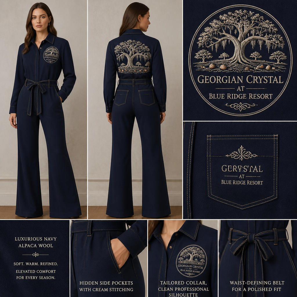 Navy Blue warm collared, belted, and stretchy long-sleeve timeless elegance professional flare leg jumpsuit made of alpaca wool with silver cursive font embroidered "Georgian Crystal at Blue Ridge Resort" logo pocket with cream stitching, then add hidden navy blue pockets. Make sure non-sheen pockets have cream stitching. Include an attachable hidden navy blue pouch to hold pens, a small pen pad, front office cordless phone, and front office keys. Large logo should include a cream-stitched only Southern Live Oak Tree with Spanish Moss and Peach Trees with fallen peaches, influenced by the Atlanta skyline on the front chest area only, and The entire front chest logo size should be the size of a circular plate, including the resort name within the circular plate only. Create a design for women in the front office only.
Navy Blue alpaca wool, long-sleeve jumpsuit. Flare-leg, professional silhouette, collared, belted. "Georgian Crystal at Blue Ridge Resort" logo on pocket, silver embroidery, cream stitching. Hidden navy pockets with cream stitching. Large cream-stitched Southern Live Oak Tree, Spanish Moss, and Peach Trees with fallen peaches, circular plate-sized logo on chest, resort name inside. Women's design.