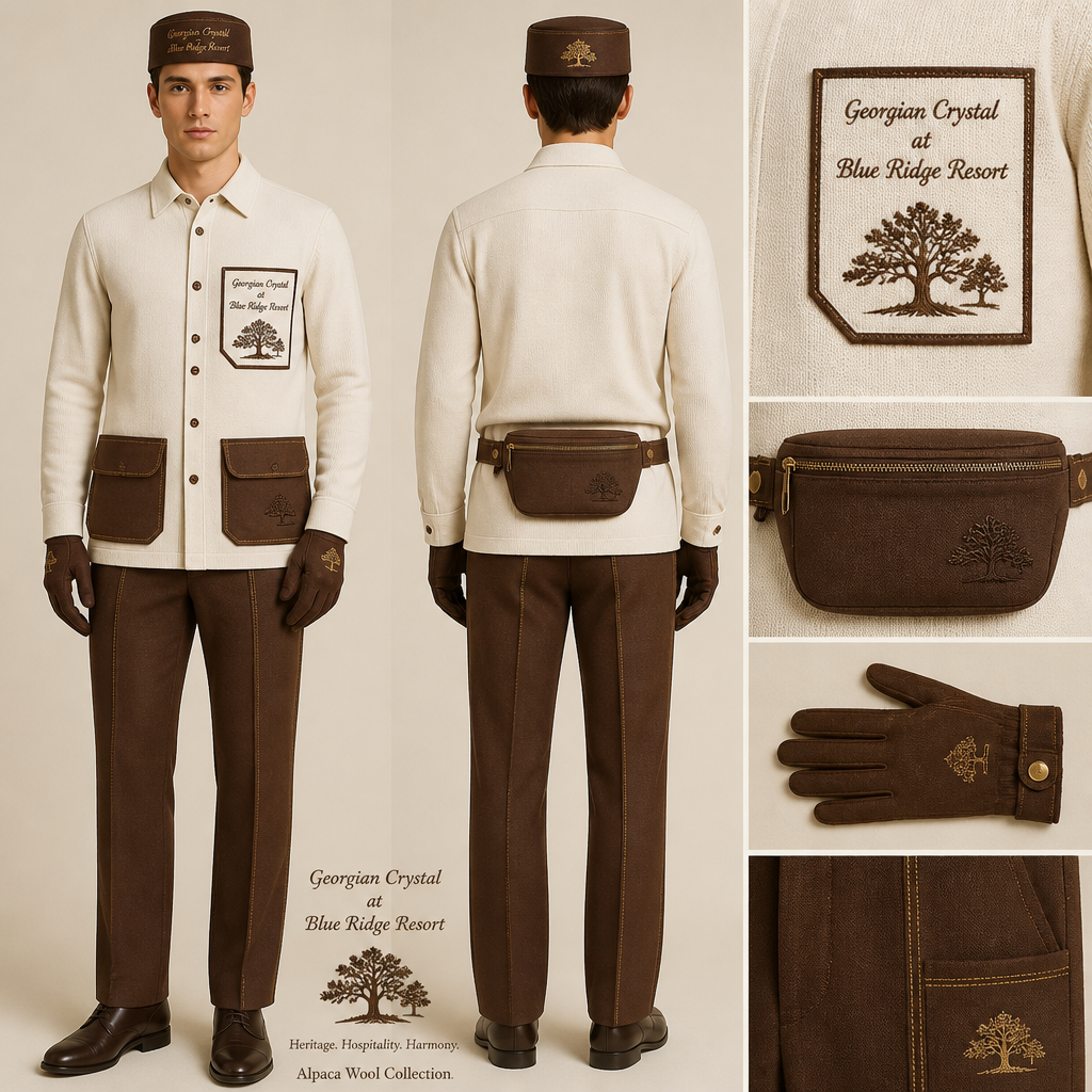 White long-sleeve knit alpaca wool button-down. Make sure pockets have brown stitching. Include an attachable, hidden brown sleek fanny pack to hold pens, a small pen pad, front office cordless phone, and front office keys. The front pocket logo should have the business name "Georgian Crystal at Blue Ridge Resort" embroidered with brown stitching only in cursive font. Include brown embroidered Southern Live Oak Tree with Spanish Moss and Peach Trees with fallen peaches influenced by the Atlanta skyline within front pocket logo. Please create a design for men only. Logo should be located on the front of the button-down. include logoed bellmen hat and gloves for bellmen. Brown alcapa wool straight-cut tailored pants should be brown with gold stitching
Men's white alpaca wool knit button-down shirt, long sleeve, classic fit. Brown stitched pockets with hidden attachable brown fanny pack. Front pocket features "Georgian Crystal at Blue Ridge Resort" cursive logo in brown, with brown Southern Live Oak and Peach Tree motifs. Straight-cut brown alpaca wool tailored pants with gold stitching. Brown logoed bellmen hat and gloves.
