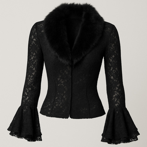 create black shrug that goes to the hip bone  that that has see through arms (maybe a lace like material )
and slight ruffles for sleeves just at the end and has fur around collars and lining. It is form fitting.