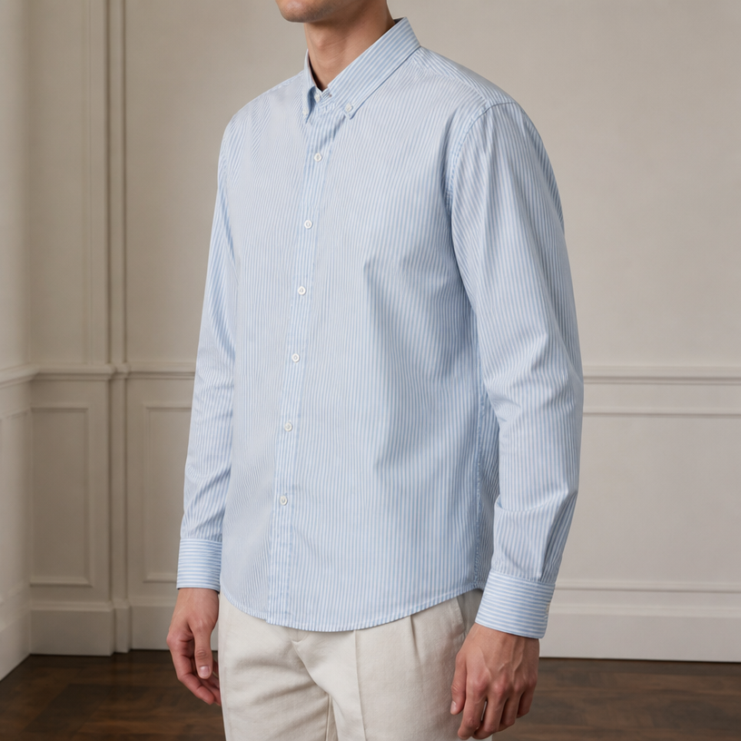 On-model photoshoot (studio)
Show the garment from the image worn by a professional fashion model standing in a professional photo studio with a clean seamless background and soft editorial lighting. Reproduce the garment's exact design, color, fabric and details faithfully. Full-body shot, photorealistic, no text. Additional instructions: Premium men’s fashion studio photography focused exclusively on the upper garment.
Male fashion model standing STRICTLY IN A THREE-QUARTER / HALF-TURN POSE, approximately 35–45 degrees to the camera, ALWAYS TURNED IN THE SAME DIRECTION: THE MODEL’S LEFT SHOULDER MUST BE FORWARD AND VISIBLY CLOSER TO THE CAMERA, WHILE THE MODEL’S RIGHT SHOULDER MUST BE TURNED BACK AND FARTHER AWAY FROM THE CAMERA.
THIS EXACT ORIENTATION IS ESSENTIAL AND MUST NEVER BE REVERSED. LEFT SHOULDER FORWARD, RIGHT SHOULDER BACK. The model must NOT stand front-facing and must NOT be shown in full side profile. His torso, chest and shoulder line must clearly follow this 35–45 degree rotation. The left side of his body is closer to the camera, while the right side recedes naturally into the background.
Arms relaxed naturally straight down alongside the body. Calm, neutral posture. Male model, approximately 25–30 years old, slim athletic build, moderately broad shoulders, narrow waist, lean proportions, not muscular or bulky, with the proportions of a premium menswear fashion model.
NO FACE VISIBLE. Crop the image around the mouth/chin area so that the eyes, nose and most of the face are completely outside the frame. The neck must remain visible to clearly show the garment collar.
THE UPPER GARMENT IS THE ONLY MAIN FOCUS OF THE IMAGE. Show it clearly from the collar down to the bottom hem, including the shoulders, sleeves, cuffs, zipper/buttons, pockets and overall fit. Preserve the exact original design, silhouette, proportions, length, fabric texture, color, stitching, hardware and every garment detail. Do not redesign, simplify, add, remove or modify any element of the clothing.
Premium minimalist studio interior with warm white / ivory walls, elegant classic wall mouldings and dark wooden parquet flooring, matching a luxury menswear catalogue aesthetic. Soft diffused professional studio lighting, subtle realistic shadows, natural fabric texture, highly photorealistic.
CRITICAL ORIENTATION — DO NOT MIRROR OR REVERSE THE POSE:
MODEL’S LEFT SHOULDER = FORWARD AND CLOSEST TO CAMERA.
MODEL’S RIGHT SHOULDER = BACK AND FARTHER FROM CAMERA.
BODY ROTATION = 35–45 DEGREES.
NEVER RIGHT SHOULDER FORWARD. NEVER FRONT-FACING. NEVER FULL SIDE PROFILE.
Luxury menswear e-commerce photography, clean composition, realistic proportions, photorealistic, high-end fashion catalogue, upper-body clothing emphasis, no face..