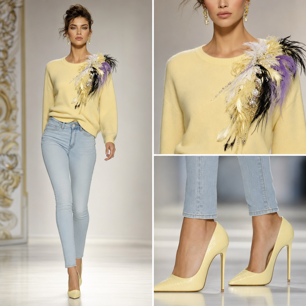 Light yellow sweater with light yellow and white And black and purple feathers at the upper right hand side of sweater. Light denim jeans tight fitted fitted and light yellow high heel.
Light yellow sweater with light yellow and white And black and purple feathers at the upper right hand side of sweater. Light denim jeans tight fitted fitted and light yellow high heel., haute couture style