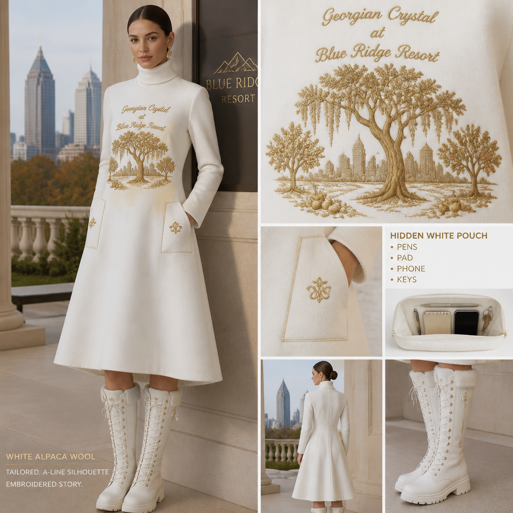 White warm turtleneck long-sleeve timeless elegance tailored shin-length dress made of alpaca wool with cursive font embroidered "Georgian Crystal at Blue Ridge Resort" on front logo with gold stitching, then add white pockets. Make sure pockets have gold stitching. Include an attachable hidden white pouch to hold pens, a small pen pad, front office cordless phone, and front office keys. Large logo should include a gold-stitched Southern Live Oak Tree with Spanish Moss and Peach Trees with fallen peaches influenced by the Atlanta skyline on the front chest area only. Create a design for women in the front office only. Include white knee-high professional snow-grade flat boots for front office team members who may need to visit the outside grounds of the resort in the snow
White alpaca wool turtleneck midi dress. Tailored, A-line silhouette. Embroidered "Georgian Crystal at Blue Ridge Resort" in cursive on front, gold stitching. **Large gold-stitched Southern Live Oak Tree with Spanish Moss and Peach Trees with fallen peaches, Atlanta skyline influenced, on front chest.** White pockets, gold stitching. Hidden white pouch for pens, pad, phone, keys. White knee-high snow boots.