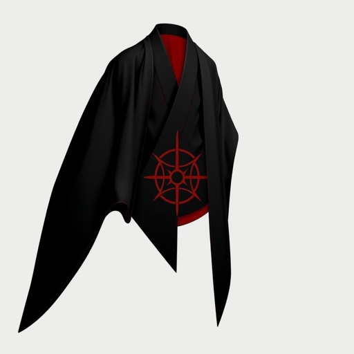 Design a men's kimono with a futuristic, minimalist aesthetic. Incorporate vertical lines and subtle red accents for contrast, creating a sleek, modern look. The kimono should have a shamanic, futuristic vibe, blending geometric shapes and spiritual symbolism. The base color should be black, with the red accents adding a sophisticated touch of color and depth. The design should evoke both tradition and innovation, combining ancient spiritual elements with a cutting-edge, technological feel."


