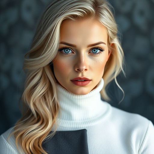 Highly realistic portrait of a Nordic woman with blonde hair and blue eyes, very few freckles on her face, gaze sharp and intellectual. The lighting should reflect the unique coolness of Northern Europe. Outfit is minimalist and modern, background is blurred in cool tones. Needs to perfectly capture the characteristics of a Scandinavian woman. solo, Centered composition