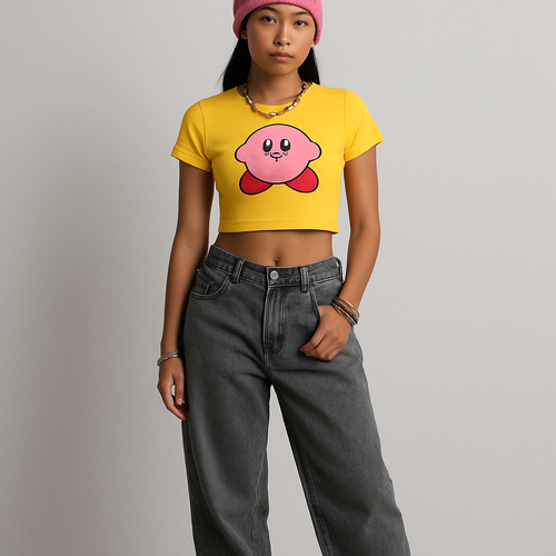 grey army baggy jeans, yellow kirby crop top,v-taper body, bunny ear beanie, bracelets and chains, thick butt