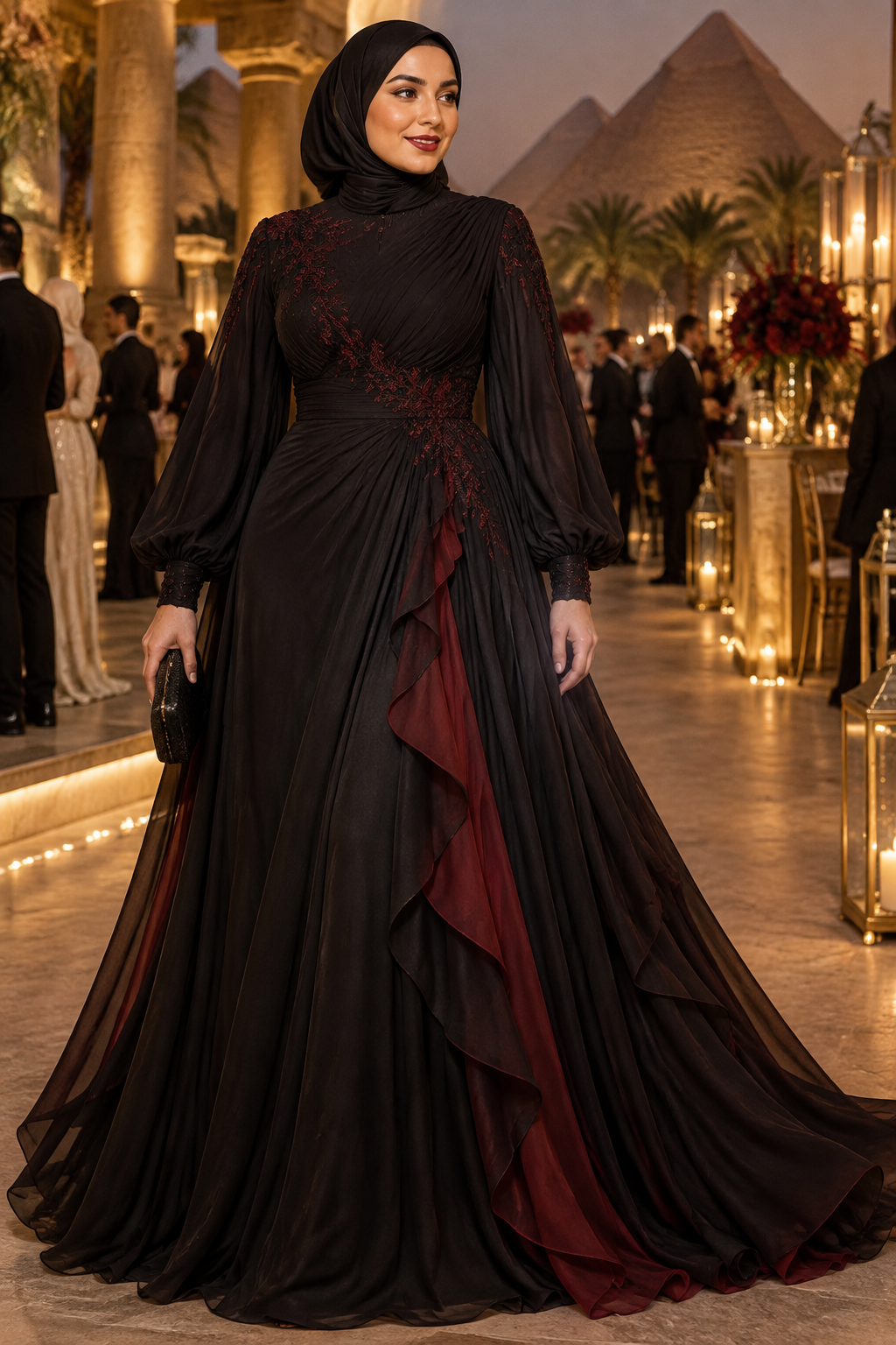 Design a one-of-a-kind couture-inspired wedding guest gown as if Dracula's wife were attending an elegant family wedding in Egypt — she must look exceptionally chic, mysterious, feminine, and unforgettable, but still completely appropriate for a real wedding.
The concept is "Dracula's wife going to a wedding," NOT a Halloween costume.
The dress should have a sophisticated black A-line silhouette, specifically designed for a curvy/full figure and a 170 cm tall woman. The shape should gently define the waist and flow elegantly over the hips, creating a flattering, elongated silhouette without being overly tight or restrictive.
The main fabric MUST be luxurious flowing black chiffon, with carefully placed deep blood-red / burgundy accents. The red should be only a subtle hint, creating an unexpected and sophisticated contrast against the black rather than becoming the dominant color.
Make the design feel ORIGINAL and custom-made — not like a typical evening gown found in a store.
Add distinctive couture details such as:
- Dramatically elegant layered chiffon
- Unexpected asymmetrical draping
- Subtle deep-red chiffon appearing underneath black layers as she moves
- An unusual but elegant sleeve design
- A beautifully defined waist without a corset
- Delicate dark floral or vine-inspired details
- Subtle burgundy embroidery or fabric accents
- A refined high neckline with an interesting architectural detail
- Flowing chiffon that creates movement while walking
The vampire inspiration should come from the silhouette, black-and-burgundy color palette, mysterious elegance, and subtle dramatic details — NOT from obvious gothic symbols.
She should look like "Dracula's wife, if she were a sophisticated modern woman attending an Egyptian wedding in 2026."
The dress MUST remain:
- Modest and hijab-friendly
- Floor length
- Long sleeved
- High neckline
- Fully covered chest, shoulders, back, and legs
- No deep neckline
- No exposed skin
- No high slit
- No transparent sections
- No corset
- No cape
Avoid anything that looks like Halloween, cosplay, fantasy costume, Victorian costume, or theatrical gothic fashion.
The final result should be breathtakingly elegant and distinctive — the kind of dress that makes people wonder where it came from because they have never seen a design quite like it before.
Make it look like a real high-fashion couture gown that could actually be worn to a sophisticated wedding in Egypt, with luxurious realistic chiffon, impeccable tailoring, natural proportions, and elegant movement.
If a reference photo is provided, preserve the woman's actual face, skin tone, body proportions, and overall appearance. Do not change her identity or make her unnaturally slimmer.
Design a one-of-a-kind couture-inspired wedding guest gown as if Dracula's wife were attending an elegant family wedding in Egypt — she must look exceptionally chic, mysterious, feminine, and unforgettable, but still completely appropriate for a real wedding.
The concept is "Dracula's wife going to a wedding," NOT a Halloween costume.
The dress should have a sophisticated black A-line silhouette, specifically designed for a curvy/full figure and a 170 cm tall woman. The shape should gently define the waist and flow elegantly over the hips, creating a flattering, elongated silhouette without being overly tight or restrictive.
The main fabric MUST be luxurious flowing black chiffon, with carefully placed deep blood-red / burgundy accents. The red should be only a subtle hint, creating an unexpected and sophisticated contrast against the black rather than becoming the dominant color.
Make the design feel ORIGINAL and custom-made — not like a typical evening gown found in a store.
Add distinctive couture details such as:
- Dramatically elegant layered chiffon
- Unexpected asymmetrical draping
- Subtle deep-red chiffon appearing underneath black layers as she moves
- An unusual but elegant sleeve design
- A beautifully defined waist without a corset
- Delicate dark floral or vine-inspired details
- Subtle burgundy embroidery or fabric accents
- A refined high neckline with an interesting architectural detail
- Flowing chiffon that creates movement while walking
The vampire inspiration should come from the silhouette, black-and-burgundy color palette, mysterious elegance, and subtle dramatic details — NOT from obvious gothic symbols.
She should look like "Dracula's wife, if she were a sophisticated modern woman attending an Egyptian wedding in 2026."
The dress MUST remain:
- Modest and hijab-friendly
- Floor length
- Long sleeved
- High neckline
- Fully covered chest, shoulders, back, and legs
- No deep neckline
- No exposed skin
- No high slit
- No transparent sections
- No corset
- No cape
Avoid anything that looks like Halloween, cosplay, fantasy costume, Victorian costume, or theatrical gothic fashion.
The final result should be breathtakingly elegant and distinctive — the kind of dress that makes people wonder where it came from because they have never seen a design quite like it before.
Make it look like a real high-fashion couture gown that could actually be worn to a sophisticated wedding in Egypt, with luxurious realistic chiffon, impeccable tailoring, natural proportions, and elegant movement.
If a reference photo is provided, preserve the woman's actual face, skin tone, body proportions, and overall appearance. Do not change her identity or make her unnaturally slimmer., evening wear style