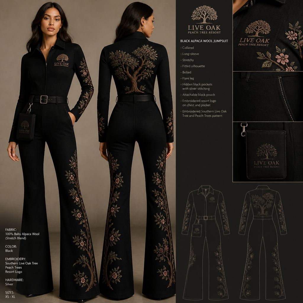 Black warm collared, belted, and stretchy long-sleeve timeless elegance professional flare leg jumpsuit made of alpaca wool with silver cursive font embroidered "Georgian Crystal at Blue Ridge Resort" logo pocket with silver stitching, then add hidden black pockets. Make sure non-sheen pockets have silver stitching. Include an attachable hidden black pouch to hold pens, a small pen pad, front office cordless phone, and front office keys. Large logo should include a silver-stitched only Southern Live Oak Tree with Spanish Moss and Peach Trees with fallen peaches, influenced by the Atlanta skyline on the front chest area only, and The entire front chest logo size should be the size of a circular plate, including the resort name within the circular plate. Create a design for women in the front office only. Show design on a plus-size model
Black alpaca wool jumpsuit, collared, belted, flare leg, long-sleeve, stretchy. Embroidered resort logo on chest and pocket. Hidden black pockets with silver stitching. Attachabe black pouch. Fitted silhouette. Embroidered Southern Live Oak Tree and Peach Trees pattern.