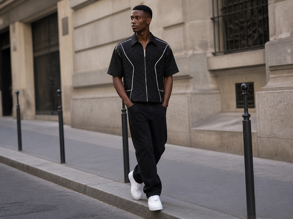 On-model photoshoot (street)
Show the garment from the image worn by a professional fashion model walking on a stylish city street, natural daylight, candid street-style editorial photography. Reproduce the garment's exact design, color, fabric and details faithfully. Full-body shot, photorealistic, no text. Additional instructions: A blakc model wearing this shirt and a black jean with a white airforce sneakers.