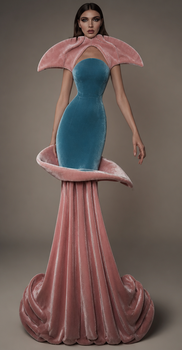 Sketch to design: I will give you some sketch I want you to do the same sketch The dress should be baby pink velvet and turquoise blue velvet
Turn this fashion sketch into a photorealistic photograph of the finished garment worn by a model in a studio with soft editorial lighting. Stay faithful to the sketch's silhouette, proportions and details. No text, no annotations, just the finished garment photograph. Fabric, color and styling directions: I will give you some sketch I want you to do the same sketch The dress should be baby pink velvet and turquoise blue velvet.
