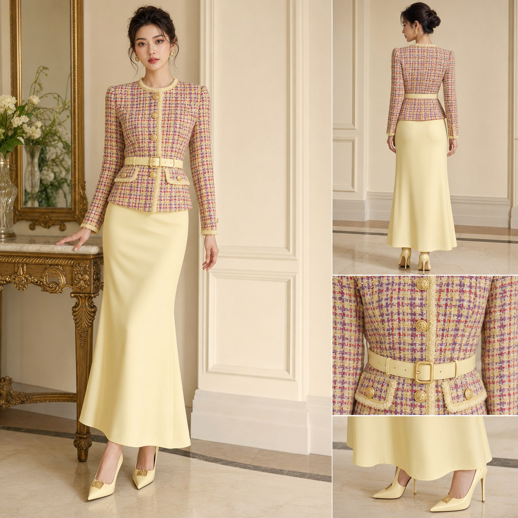 light yellow And red and purple tweed jacket with light yellow belt and gold buttons. Long light yellow skirt. Light yellow high heel.
light yellow And red and purple tweed jacket with light yellow belt and gold buttons. Long light yellow skirt. Light yellow high heel.