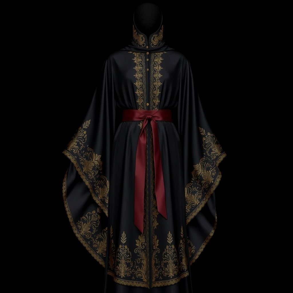 Black Arab Women's Abaya Design
Elegant black abaya, flowing silhouette, intricate gold embroidery along the sleeves and hem. Luxurious silk fabric, subtle sheen, billowing cape, buttonless front. High collar adorned with delicate lace, cinched at the waist with a contrasting maroon belt. Rich texture, modest yet captivating, merging traditional Arabic aesthetics with contemporary chic. Stunning visual harmony.