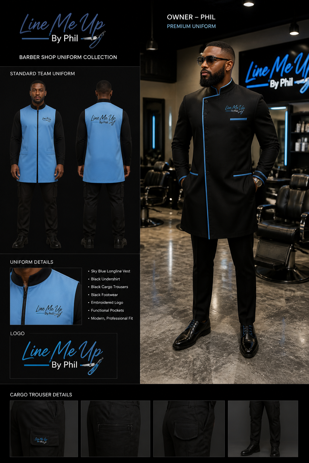 barber shop uniform with sky blue longline vest with and black cargo trousers and black undershirt. Include logo: Line Me Up By Phil. Show a black man owner dressed in a special uniform
barber shop uniform with sky blue longline vest with and black cargo trousers and black undershirt. Include logo: Line Me Up By Phil. Show a black man owner dressed in a special uniform