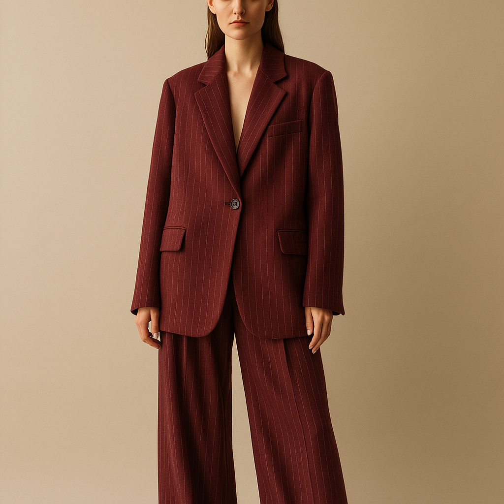 Full body shot of a female model wearing a bordeaux wool oversized blazer and matching palazzo pants, fabric with single thin vertical white pinstripes, evenly spaced, no double stripes, soft and luxurious wool texture, single button blazer (no extra buttons), no chest pocket, only two flap pockets at the bottom, oversized fit, elegant and powerful styling, minimal high fashion editorial photography, neutral background, soft luxury lighting, Vogue magazine style.”
Luxury fashion design: Full shot, female model in a bordeaux wool oversized blazer and matching palazzo pants. Fine white pinstripes. Soft wool, single-button blazer, two flap pockets. Oversized fit, elegant and powerful. Minimal high-fashion editorial, neutral background, soft luxury light, Vogue style.
