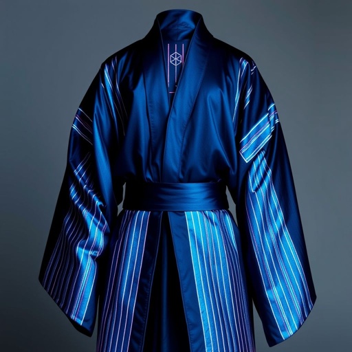 Design a men's kimono with a futuristic aesthetic, blending minimalist. Line vertical. Shaman futuristic