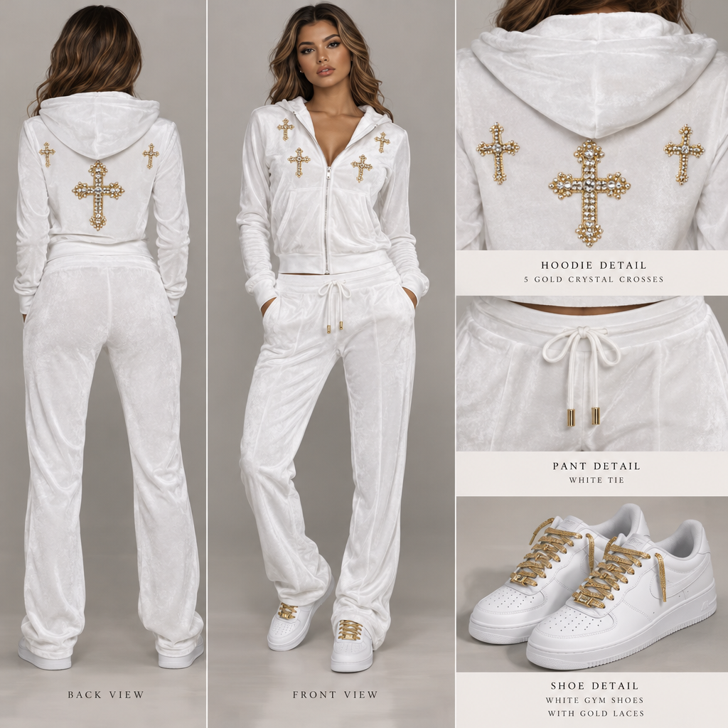 White velour jogging suit with long sleeves and white velour zip up hoodie. White velour pants with white tie. 5 gold crystal crosses on hoodie. White gym shoes with gold laces.
White velour jogging suit with long sleeves and white velour zip up hoodie. White velour pants with white tie. 5 gold crystal crosses on hoodie. White gym shoes with gold laces.