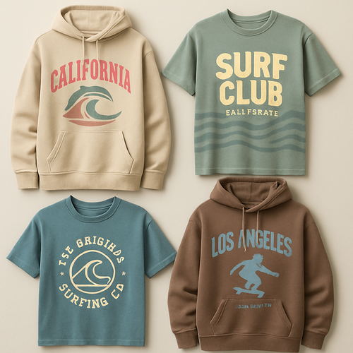 Create a variety of streetwear-style t-shirt and hoodie graphics and logos, featuring bold, trendy designs inspired by California surf vibes and urban lifestyle. Include abstract patterns, oversized typography, retro logos, subtle animal motifs like seagulls, waves, sunsets, skaters, or cars. Designs should be youthful, casual, and edgy, suitable for screen printing on apparel. Use muted pastels, washed denim blues, and earth tones, with clean lines and modern style. Vector-ready, high-detail, wearable streetwear aesthetic logos, including novry