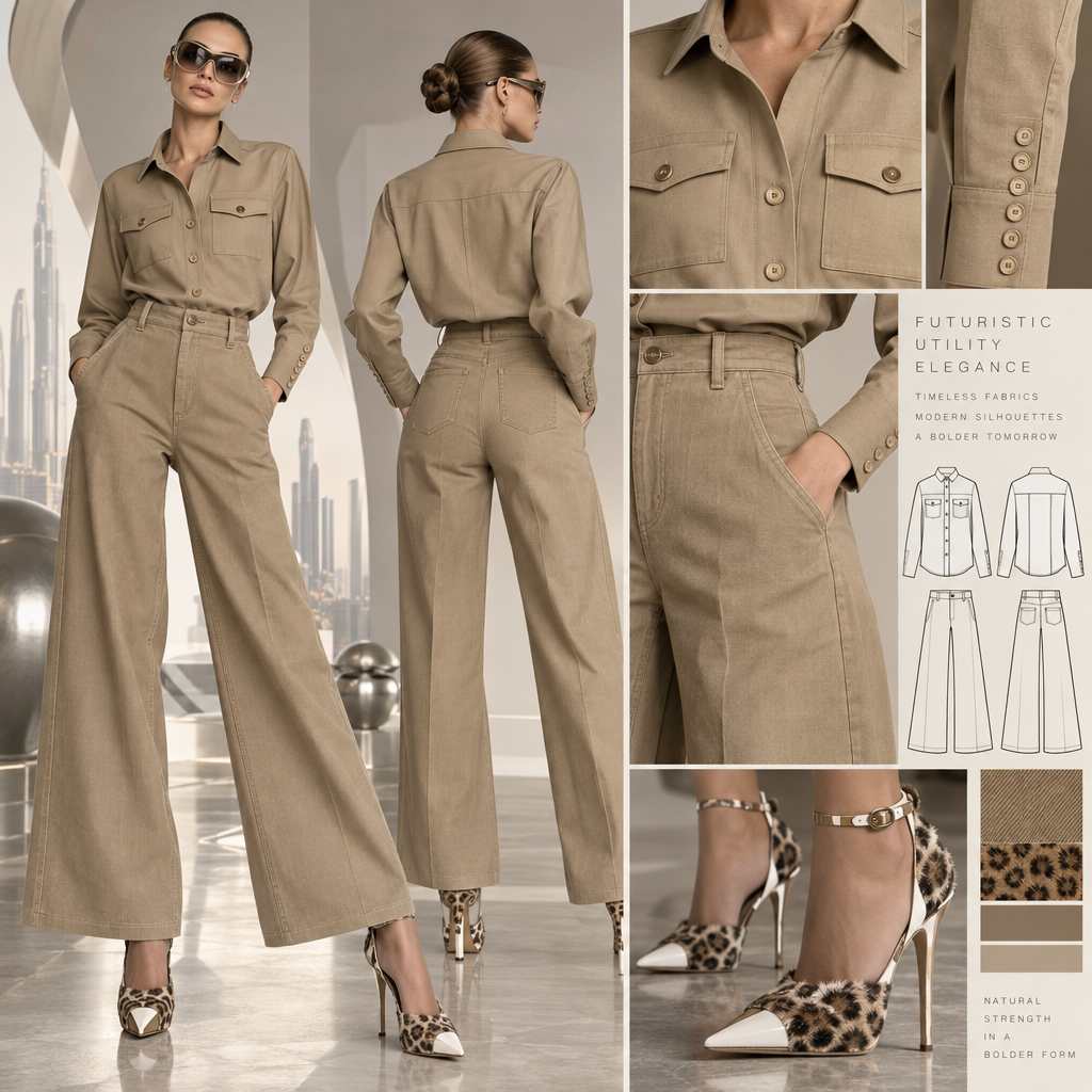 Khaki Jean pants loose with khaki blouse Tucked in pant one pocket top right with button and one pocket top left with button and five buttons on bottom of sleeve . high heel white and khaki fur leopard high heel with ankle strap.
Khaki Jean pants loose with khaki blouse Tucked in pant one pocket top right with button and one pocket top left with button and five buttons on bottom of sleeve . high heel white and khaki fur leopard high heel with ankle strap., futuristic style