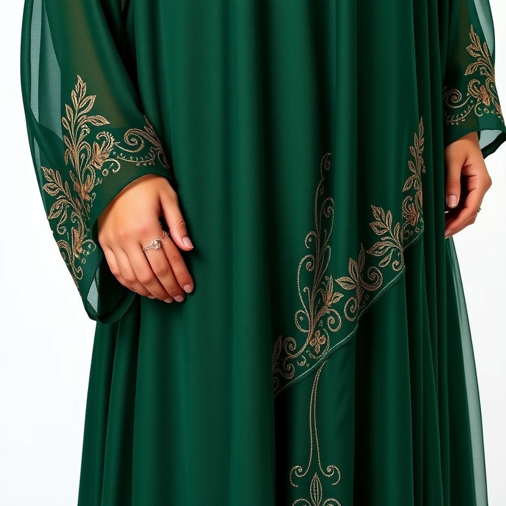 Arab women's abaya design


Luxurious silk abaya, deep emerald green, cascading elegantly to the ankles. Intricate gold embroidery tracing floral patterns along the sleeves and hem. A high collar adorned with delicate beadwork, adding a touch of sophistication. Flowing silhouette, emphasizing grace and modesty. Sheer chiffon overlay, giving an ethereal, whimsical quality. Perfect for evening events.
