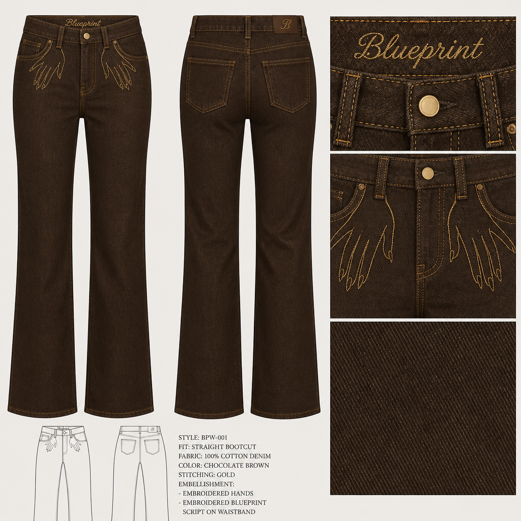 Chocolate brown bootcut jeans with gold stitching, blueprint embroidery in large cursive font spanning the entire belt band area, include embroidered women's manicured hands with long nails around front belt loops
Chocolate brown bootcut jeans, denim fabric, straight leg, with gold stitching. Blueprint embroidery, cursive font across the belt band. Embroidered women's hands with long nails around front belt loops.