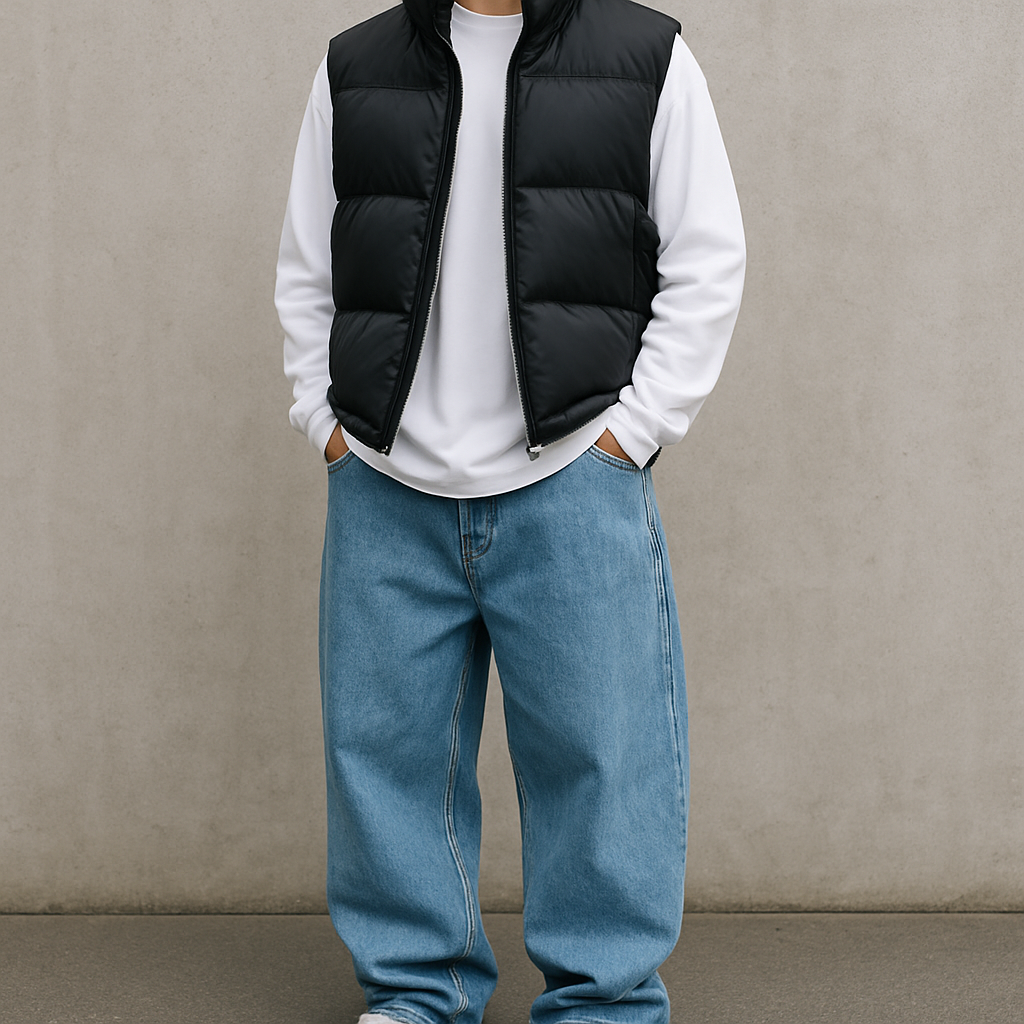 baggy fit light blue jeans with a white long sleeve t-shirt with a body warmer over the top
Streetwear fashion design: Baggy light blue jeans. White cotton long-sleeve tee. Black nylon puffer body warmer. Loose fit, comfortable and urban.