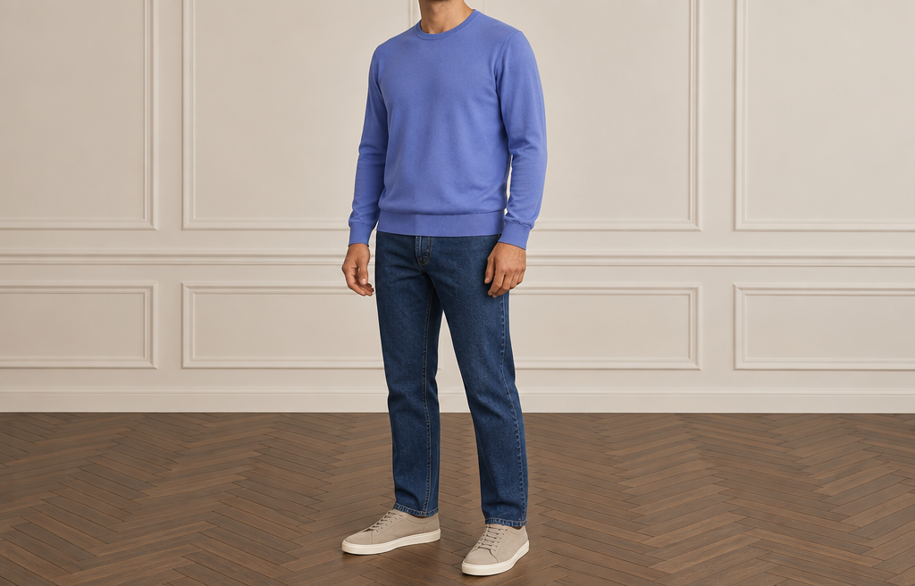 On-model photoshoot (studio)
Show the garment from image 1 worn by the person in image 2, standing in a professional photo studio with a clean seamless background and soft editorial lighting. Keep the person's face, hair, skin tone and identity exactly the same. Reproduce the garment's exact design, color, fabric and details faithfully. Full-body shot, photorealistic, no text. Additional instructions: Premium men's fashion e-commerce product photography of a complete coordinated outfit consisting of the EXACT knit jumper from the first supplied product reference and the EXACT straight-fit jeans from the second supplied product reference.
Create one sophisticated premium men's outfit using BOTH supplied products together.
The supplied products are the absolute reference and must be preserved as accurately as possible.
PRODUCT REFERENCES:
FIRST PRODUCT REFERENCE = EXACT JUMPER.
SECOND PRODUCT REFERENCE = EXACT STRAIGHT-FIT JEANS.
Use BOTH exact products together on the same male model.
Do NOT replace either garment.
Do NOT redesign either garment.
Do NOT recolor either garment.
Do NOT reinterpret the products.
The final image must look like a realistic premium catalogue photograph of these two exact garments being worn together.
COMPOSITION — FULL BODY:
Create a vertical FULL-BODY premium men's fashion catalogue photograph.
Show the male model from approximately the LOWER CHIN / NECK AREA all the way down to the shoes.
NO FACE VISIBLE.
The eyes, nose, mouth and main facial features must remain completely outside the frame.
A very small portion of the lower chin and neck may be visible.
The complete outfit must be visible:
complete jumper,
complete jeans,
and both shoes.
The complete silhouette of the straight-fit jeans must be clearly readable from the waist to the hem.
Both shoes must be completely visible inside the frame.
Do NOT crop the jumper.
Do NOT crop the jeans.
Do NOT crop the shoes.
The model and complete outfit should occupy most of the vertical frame while maintaining comfortable premium catalogue spacing.
POSE — ABSOLUTELY CRITICAL:
The model stands in a subtle natural THREE-QUARTER / SEMI-SIDE position relative to the camera.
The body must NOT be completely front-facing.
The body must NOT be shown in a full side profile.
The rotation should remain subtle and natural, approximately 10–20 degrees.
The LEFT SHOULDER is positioned FORWARD and slightly CLOSER TO THE CAMERA.
The RIGHT SHOULDER is positioned slightly FARTHER BACK.
The LEFT SIDE of the torso is slightly closer to the camera.
LEFT SHOULDER FORWARD is mandatory.
Do NOT mirror the pose.
Do NOT place the right shoulder forward.
Do NOT make the shoulders symmetrical and completely frontal.
Do NOT create a strong side profile.
The pose must look relaxed, masculine, sophisticated and natural.
LEGS — ABSOLUTELY CRITICAL:
The LEFT LEG is positioned slightly FORWARD and slightly CLOSER TO THE CAMERA.
The RIGHT LEG is positioned slightly BEHIND.
Both legs remain STRAIGHT.
Both knees remain naturally straight.
Both feet remain firmly planted on the floor.
The leg position must allow the STRAIGHT silhouette of the jeans to remain clearly visible.
Do NOT cross the legs.
Do NOT create a walking pose.
Do NOT bend one leg backward.
Do NOT create an exaggerated fashion stance.
Do NOT hide the silhouette of either trouser leg.
LEFT LEG FORWARD.
RIGHT LEG BEHIND.
BOTH LEGS STRAIGHT.
ARMS AND HANDS:
Both arms hang naturally and STRAIGHT DOWN alongside the body.
Both hands remain naturally positioned beside the outer thighs.
Hands are relaxed.
Fingers are naturally relaxed.
No hands in pockets.
No crossed arms.
No bent or raised arms.
No touching the jumper.
No pulling the jumper.
No adjusting the sleeves.
No touching the collar.
No fashion gestures.
Both hands must remain visible and natural.
JUMPER — ABSOLUTE PRODUCT PRESERVATION:
Use the EXACT jumper from the supplied jumper reference image.
Preserve its exact:
design,
color,
shade,
material,
fabric texture,
knit texture,
silhouette,
fit,
proportions,
length,
shoulder width,
chest width,
sleeve length,
sleeve width,
neckline,
collar construction,
cuffs,
bottom hem,
ribbing if present,
stitching,
seams,
logos if present,
contrasting details if present,
and every other original construction detail.
Do NOT redesign the jumper.
Do NOT change its color.
Do NOT change its shade.
Do NOT change its original material appearance.
Do NOT change its fit.
Do NOT make it tighter.
Do NOT make it oversized.
Do NOT shorten it.
Do NOT lengthen it.
Do NOT change the neckline.
Do NOT change the collar.
Do NOT change the sleeves.
Do NOT add details.
Do NOT remove original details.
If the jumper contains contrasting trim, piping, edging, logos, buttons, zippers or other distinctive details, preserve them exactly as shown in the source product.
The generated jumper must look like the EXACT SAME physical product as in the supplied reference.
JUMPER FABRIC:
Reproduce the exact fabric character visible in the supplied jumper reference.
The material must look premium, realistic and natural.
Preserve the original:
surface texture,
knit density,
fabric weight,
softness,
structure,
drape,
and natural folds.
If the jumper is made from fine viscose knit, preserve its smooth, soft, refined and fluid appearance with only a very subtle natural luster.
Never create excessive artificial shine.
Do NOT make the fabric glossy unless the source material is genuinely glossy.
Do NOT make the fabric look synthetic or plastic.
Do NOT make a fine knit look chunky.
Do NOT make the material transparent.
The jumper must drape naturally over the male torso.
Show realistic controlled folds around the waist, sides, elbows and sleeves according to the original material.
JUMPER FIT:
Preserve the EXACT original fit of the supplied jumper.
Maintain the original:
shoulder position,
chest volume,
body width,
sleeve width,
sleeve length,
jumper length,
and hem proportions.
Do NOT artificially alter the jumper to fit the jeans.
DO NOT TUCK THE JUMPER INTO THE JEANS.
The jumper must fall naturally OVER the waistband of the jeans.
Do not artificially shorten the jumper simply to expose more of the jeans.
JEANS — ABSOLUTE PRODUCT PRESERVATION:
Use the EXACT jeans from the supplied jeans reference image.
Preserve their exact:
design,
color,
shade,
wash,
denim texture,
fabric character,
rise,
waist proportions,
hip proportions,
thigh width,
knee width,
lower-leg width,
hem width,
length,
waistband,
belt loops,
button,
fly,
front pockets,
coin pocket if present,
back pockets,
pocket shape,
pocket placement,
rivets,
hardware,
stitching,
seams,
fading if present,
whiskering if present,
distressing if present,
and every other original construction detail.
The generated jeans must look like the EXACT SAME physical product as in the supplied jeans reference.
Do NOT replace the jeans with another pair.
Do NOT change their color.
Do NOT change their shade.
Do NOT change their wash.
Do NOT make the wash lighter or darker.
Do NOT add fading that is not present.
Do NOT remove original fading.
Do NOT add distressing.
Do NOT remove original details.
Do NOT change the denim texture.
Do NOT alter the rise.
Do NOT alter the length.
Do NOT alter the original proportions.
JEANS FIT — ALWAYS STRAIGHT FIT:
The jeans are ALWAYS men's STRAIGHT-FIT jeans.
The generated jeans MUST have an authentic men's STRAIGHT LEG silhouette.
The trouser legs must fall naturally and almost vertically from the thigh down to the hem.
Maintain a consistent and natural width through:
the thigh,
the knee,
the lower leg,
and the hem.
The lower leg must remain STRAIGHT.
There must be NO noticeable taper toward the ankle.
The hem must retain sufficient width to clearly communicate a straight-leg silhouette.
The jeans should look naturally relaxed and straight without becoming oversized.
Preserve the proportions of the supplied product while maintaining its STRAIGHT FIT identity.
Do NOT transform the jeans into slim fit.
Do NOT make them skinny.
Do NOT taper the ankles.
Do NOT create a carrot fit.
Do NOT create a mom-fit silhouette.
Do NOT make them excessively loose.
Do NOT make them baggy.
Do NOT make them oversized.
Do NOT flare the legs.
Do NOT make the lower leg narrower than the original product.
The straight silhouette must remain clearly visible on BOTH legs.
IMPORTANT:
ALWAYS STRAIGHT FIT.
STRAIGHT LEG FROM THIGH TO HEM.
NO ANKLE TAPERING.
NO SLIM FIT.
NO SKINNY FIT.
NO BAGGY FIT.
PRESERVE THE ORIGINAL WIDTH AND PROPORTIONS OF THE SUPPLIED STRAIGHT JEANS.
OUTFIT COMBINATION:
Combine the EXACT supplied jumper and the EXACT supplied straight-fit jeans naturally and realistically.
These two specific products must be worn together as one complete premium men's outfit.
Do NOT independently choose another jumper.
Do NOT independently choose another pair of jeans.
Do NOT modify the colors of either product simply to make them coordinate better.
Preserve the exact original color of EACH garment independently.
If the jumper and jeans have similar colors, preserve the subtle natural difference between their shades and materials.
The distinction between knit fabric and denim must remain realistic and clearly visible.
The combination must look:
harmonious,
masculine,
contemporary,
sophisticated,
premium,
and intentionally styled.
FOOTWEAR:
Choose modern premium casual sneakers that naturally complement the EXACT combination of the supplied jumper and jeans.
Select the sneaker color and material individually according to the specific outfit.
Possible colors include:
white,
off-white,
cream,
beige,
taupe,
light grey,
grey,
charcoal,
brown,
dark brown,
black,
or another sophisticated neutral shade that naturally harmonizes with the outfit.
Use:
minimalist leather sneakers,
premium suede sneakers,
clean low-profile sneakers,
or refined contemporary casual sneakers.
The sneakers should complete the outfit without becoming the main visual focus.
Do NOT use the same sneaker color for every outfit if another color creates a more harmonious combination.
No formal dress shoes.
No oxfords.
No derby shoes.
No classic business footwear.
No bulky running shoes.
CAMERA AND FRAMING:
Vertical FULL-BODY premium catalogue composition.
Frame the model from approximately the LOWER CHIN / NECK AREA all the way down to the floor.
NO FACE VISIBLE.
The complete jumper must be visible.
The complete straight-fit jeans must be visible from waist to hem.
Both shoes must be completely visible.
The straight silhouette of BOTH jean legs must be clearly readable.
Use a natural premium fashion catalogue perspective.
No wide-angle distortion.
No dramatic camera angle.
No exaggerated shoulders.
No distorted torso.
No distorted hands.
No distorted legs.
No oversized feet.
STUDIO — MATCH THE ESTABLISHED REFERENCE:
Elegant premium minimalist indoor studio.
Warm light greige / off-white walls.
Classic subtle rectangular decorative wall moulding.
Dark warm brown wooden parquet floor with a refined herringbone pattern.
Soft diffused natural-looking studio lighting.
The lighting must accurately reveal:
the exact jumper color,
the exact jumper texture,
the exact denim color,
the exact denim wash,
and the natural texture of both fabrics.
Use soft controlled directional light to create subtle depth without excessive reflections.
Very subtle realistic shadows underneath and around the model.
Neutral warm color temperature.
No furniture.
No decorations.
No props.
No plants.
No visible studio equipment.
The studio must feel elegant, clean, quiet, sophisticated and expensive.
IMAGE STYLE:
Ultra-photorealistic.
Premium European menswear e-commerce photography.
Contemporary premium men's styling.
Natural male anatomy.
Realistic skin texture.
Highly realistic knit texture.
Highly realistic denim texture.
Accurate garment construction.
Accurate fabric drape.
Natural realistic folds.
Soft controlled lighting.
Clean premium catalogue aesthetic.
Understated luxury.
No excessive retouching.
No cinematic effects.
No dramatic lighting.
No artificial fabric shine.
STRICT RULES:
FIRST PRODUCT REFERENCE = EXACT JUMPER.
SECOND PRODUCT REFERENCE = EXACT STRAIGHT-FIT JEANS.
USE BOTH EXACT PRODUCTS TOGETHER.
JEANS ARE ALWAYS STRAIGHT FIT.
FULL-BODY IMAGE FROM LOWER CHIN / NECK TO SHOES.
NO FACE VISIBLE.
SUBTLE THREE-QUARTER / SEMI-SIDE BODY POSITION.
LEFT SHOULDER FORWARD AND CLOSER TO CAMERA.
RIGHT SHOULDER SLIGHTLY BACK.
LEFT SIDE OF TORSO CLOSER TO CAMERA.
NEVER MIRROR THE POSE.
NEVER PUT THE RIGHT SHOULDER FORWARD.
NEVER MAKE THE MODEL COMPLETELY FRONT-FACING.
NEVER CREATE A FULL SIDE PROFILE.
LEFT LEG FORWARD AND SLIGHTLY CLOSER TO CAMERA.
RIGHT LEG SLIGHTLY BEHIND.
BOTH LEGS STRAIGHT.
BOTH FEET ON THE FLOOR.
NO CROSSED LEGS.
NO WALKING POSE.
BOTH ARMS STRAIGHT DOWN.
BOTH HANDS RELAXED BESIDE THE THIGHS.
NO HANDS IN POCKETS.
NO FASHION GESTURES.
DO NOT TUCK THE JUMPER INTO THE JEANS.
PRESERVE THE EXACT JUMPER:
COLOR,
TEXTURE,
FIT,
LENGTH,
PROPORTIONS,
AND ALL ORIGINAL DETAILS.
PRESERVE THE EXACT JEANS:
COLOR,
WASH,
DENIM TEXTURE,
RISE,
WIDTH,
LENGTH,
PROPORTIONS,
AND ALL ORIGINAL DETAILS.
STRAIGHT LEG FROM THIGH TO HEM.
NO TAPERING AT THE ANKLE.
NO SLIM OR SKINNY SILHOUETTE.
NO BAGGY OR OVERSIZED SILHOUETTE.
COMPLETE JUMPER VISIBLE.
COMPLETE JEANS VISIBLE.
BOTH SHOES COMPLETELY VISIBLE.
WARM OFF-WHITE MOULDED STUDIO WALL.
DARK BROWN HERRINGBONE PARQUET FLOOR.
SOFT PREMIUM CATALOGUE LIGHTING.
FOOTWEAR — AUTOMATIC OUTFIT COORDINATION:
Complete the outfit with premium modern casual sneakers.
The AI must independently select the sneaker COLOR, MATERIAL and subtle design details according to the EXACT colors of the supplied jumper and jeans.
DO NOT automatically use white sneakers.
White sneakers must NOT be the default choice.
Analyze the complete outfit first and choose footwear that creates the most harmonious, sophisticated and visually balanced combination.
Possible sneaker colors may include:
black,
charcoal,
graphite,
dark grey,
medium grey,
taupe,
beige,
sand,
brown,
dark brown,
chocolate,
navy,
dark blue,
burgundy,
olive,
cream,
off-white,
or another tasteful muted color that naturally complements the specific outfit.
The sneakers may also use a sophisticated combination of two harmonious neutral colors when appropriate.
Choose between premium:
smooth leather,
suede,
nubuck,
or refined combinations of these materials.
Prefer clean, minimalist, low-profile contemporary men's sneakers.
The footwear should feel intentionally selected for THIS SPECIFIC jumper + jeans combination.
For darker outfits, consider deeper or warmer sneaker tones when they create a more sophisticated combination.
For lighter outfits, choose an appropriate complementary neutral or muted tone.
For earth-tone outfits, consider brown, chocolate, taupe, beige, olive or other harmonious natural shades.
For navy and blue outfits, consider brown, dark brown, chocolate, taupe, grey, charcoal, navy or another sophisticated complementary shade.
Do NOT simply match the sneaker color exactly to the jeans.
Do NOT automatically create strong contrast.
Do NOT use the same sneaker color in every generation.
The footwear must visually connect with the complete outfit while remaining secondary to the jumper and jeans.
IMPORTANT:
CHOOSE THE SNEAKER COLOR YOURSELF BASED ON THE COMPLETE OUTFIT.
DO NOT DEFAULT TO WHITE SNEAKERS.
VARY THE SNEAKER COLOR ACCORDING TO EACH SPECIFIC JUMPER + JEANS COMBINATION.
KEEP THE FOOTWEAR PREMIUM, MINIMALIST AND SOPHISTICATED.
No formal dress shoes.
No oxfords.
No derby shoes.
No classic business footwear.
No bulky running shoes..