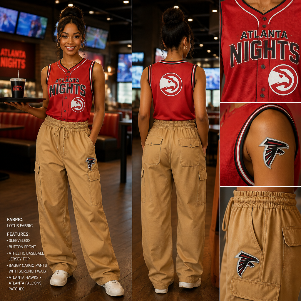 womens wait staff uniform with red sleeveless baseball jersey with company name ATLANTA NIGHTS with atlanta hawks and atlanta Falcons patches with camel baggy scrunch waist cargo pants all made of lotus fabric. Remove all flowers on the pants and shirt
Women's wait staff uniform: Red, sleeveless, lotus fabric baseball jersey with "ATLANTA NIGHTS" text, Atlanta Hawks and Atlanta Falcons patches. Baggy, scrunch waist, lotus fabric cargo pants in camel color.
