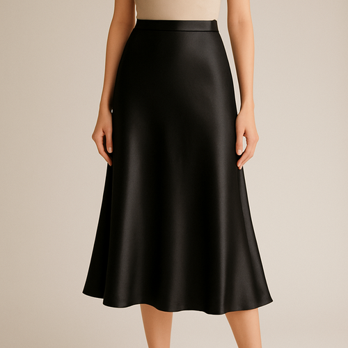 A luxury fashion product photo for an online store. A female model wears a midi satin skirt in black . The skirt is the main focus: silky, fluid texture, premium high-quality fabric, elegant drape. Minimal styling, no blazer, no jacket, no accessories. Neutral studio-like background, soft daylight, ghost mannequin 3D/4D effect to highlight the skirt shape. Clean, minimal, professional e-commerce photography.