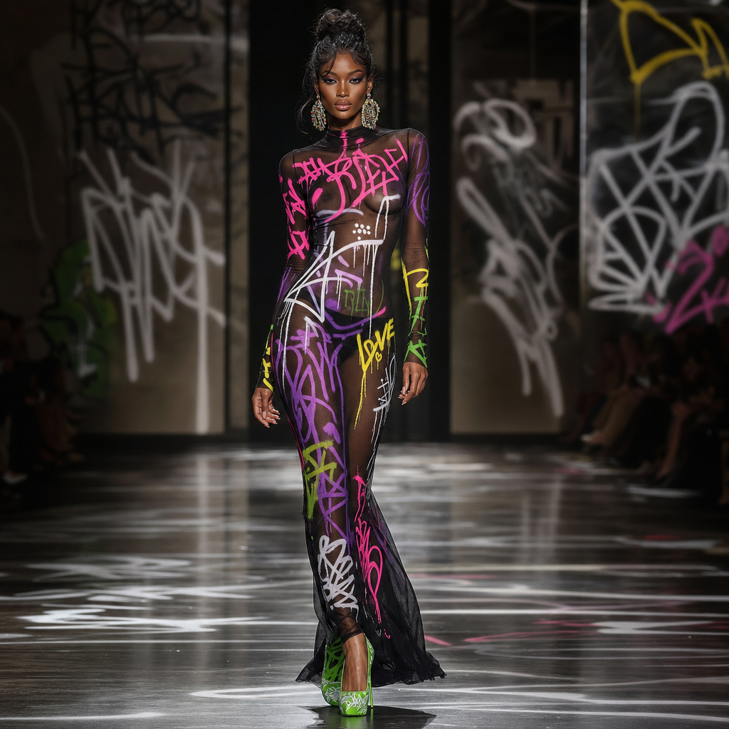 Black long tight see thru dress with long sleeves with hot pink and purple and yellow and white and green graffiti on the dress. Green high heel shoes with white graffiti on it.
Black long tight see thru dress with long sleeves with hot pink and purple and yellow and white and green graffiti on the dress. Green high heel shoes with white graffiti on it., haute couture style
