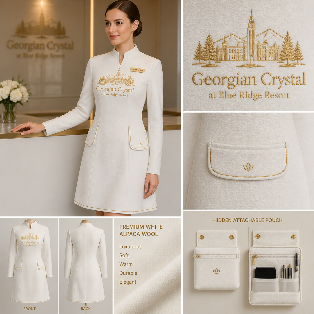 White warm long-sleeve drape tailored dress made of alpaca wool with "Georgian Crystal at Blue Ridge Resort" embroidered front logo with gold stitching, then add white pockets. Make sure pockets have gold stitching. Include an attachable hidden white pouch to hold pens, a small pen pad, front office cordless phone, and front office keys. Large logo should include an embroidered Southern Live Oak Tree with Spanish Moss and Peach Trees with fallen peaches influenced by the Atlanta skyline. Create a design for women in the front office only
White alpaca wool, long-sleeve, tailored A-line dress. Embroidered "Georgian Crystal at Blue Ridge Resort" logo with gold stitching. Large logo includes embroidered trees and cityscape. White pockets with gold stitching. Hidden attachable white pouch for office essentials. For women's front office uniform.