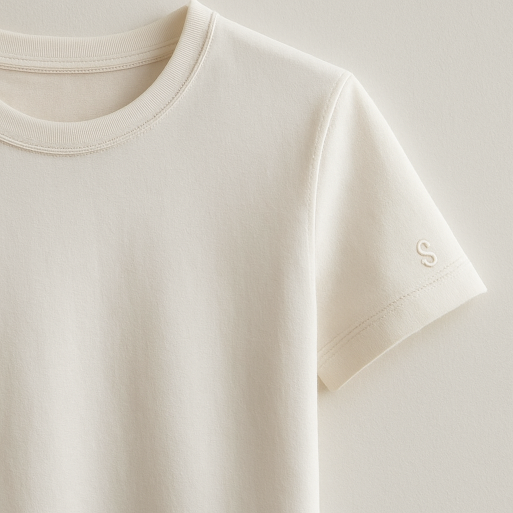 A premium women’s basic crew neck t-shirt, slim-relaxed fit, high-quality cotton fabric, short sleeves, minimal and elegant design. On the left sleeve near the cuff, a small embroidered monogram logo with only the letter “S”, elegant stitched embroidery with thread texture, luxury brand style. Photographed in natural daylight, clean background, ultra-detailed fabric texture, hyperrealistic cotton stitches, 3D depth of field close-up, fashion e-commerce product photography aesthetic.
Classic fashion design: Premium women's crew neck t-shirt. Slim-relaxed fit. Quality cotton, short sleeves. Simple design. Small "S" monogram embroidered on left sleeve cuff. Elegant stitching, luxury brand style. Natural light, clean background. Ultra-detailed fabric, hyperrealistic cotton stitches, close-up with depth.