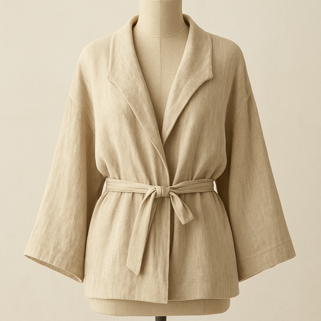 Relaxed-fit loungewear resort jacket with soft natural curves and ethnic minimal mood.
Dropped shoulders, flowing curved lapel, open front with tie closure, wide bell sleeves,
airy linen-gauze texture, matte light sand beige tone, quiet and serene atmosphere.

Ready To Wear fashion design: Relaxed-fit resort jacket, soft linen-gauze, light sand beige. Dropped shoulders, flowing lapel, open front with tie, wide bell sleeves. Natural curves, ethnic minimal mood.